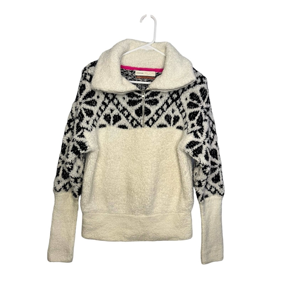 Anthropologie Cream and Black Patterned Sherpa Half-Zip Sweater